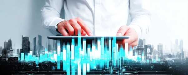 Business analysis and Data Visualisation: Business person uses tablet to analyze financial data, business growth, and market trends. This image evokes thoughts of digital transformation.