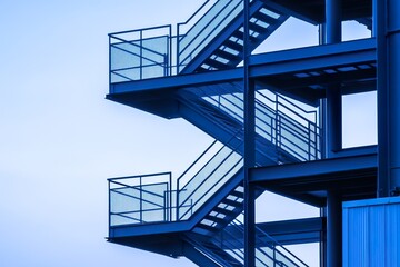 Modern blue exterior staircase structure with geometric metal design
