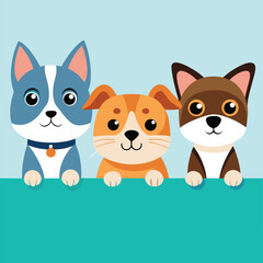 Four adorable pets, two cats and two dogs, peek over a white ledge with curious expressions.