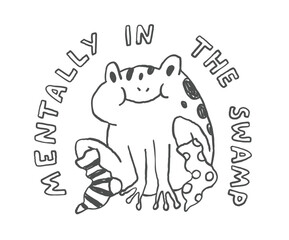 Funny doodle frog print, outline hand drawn toad with quote
