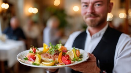 A waiter presents a delicious plate of fish and vegetables in a classy restaurant