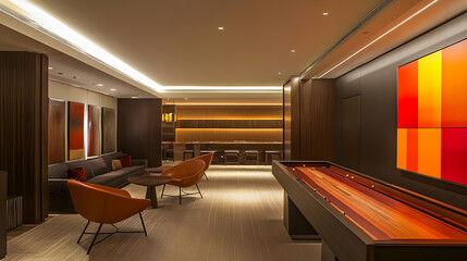 Sophisticated contemporary lounge area with warm lighting and stylish furnishings