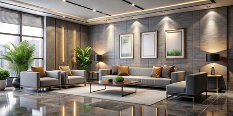 Obraz premium Sleek modern furniture arrangement in a contemporary hotel lobby with empty frames on walls, minimalist design, sophisticated ambiance