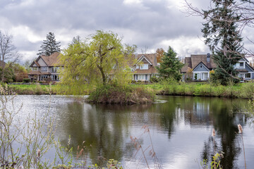 Luxury house with nice spring lake view and green landscape in Vancouver, Canada, North America....