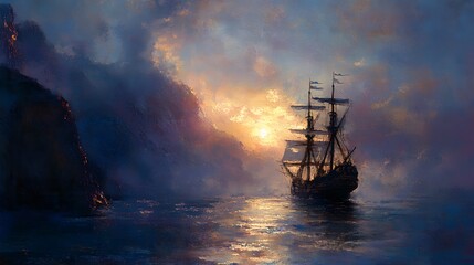 A pirate ship anchored in a misty sea at dawn