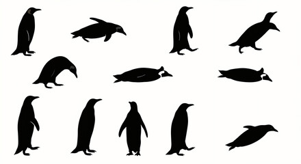 Obraz premium Penguin Silhouettes in Various Poses on White Background