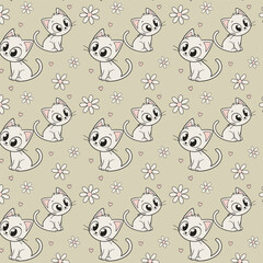 Fototapeta premium Cute Cat Seamless Pattern Kawaii Cartoon Kitten Design