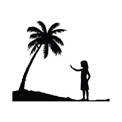 Children playing on palm tree black silhouette