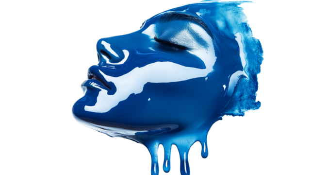 Translucent blue face serum drip, shiny texture, isolated on white, PNG format