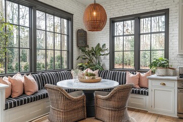 Modern farmhouse kitchen nook with white brick wall, striped banquette seating, brass pendant lighting, large windows, and light pink accents.