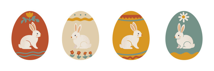 Easter egg, painted with flowers, waves, stripes. Vector set of Easter eggs in flat style on white background.	