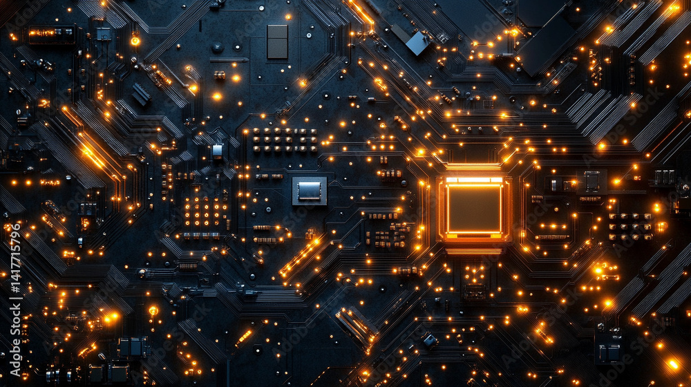 Poster white gold and silver digital maze with interconnected circuit patterns evokes a deep tech aesthetic