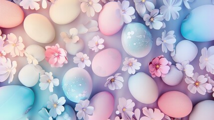 A mesmerizing D Easter pattern with overlapping eggs and florals, rendered in soft pastel gradients to create a calm and festive wallpaper.