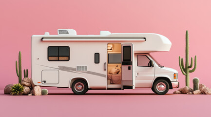 Fototapeta premium Rolling into Adventure: A modern, spacious camper van is parked in front of a serene backdrop. Capturing the essence of freedom and wanderlust.