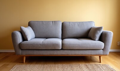 Cozy gray couch with pillows in bright living room with wood floors for interior