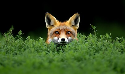 Fototapeta premium Red Fox Peeking Out From Green Bushes in Natural Habitat