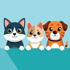 Four adorable pets, two cats and two dogs, peek over a white ledge with curious expressions.