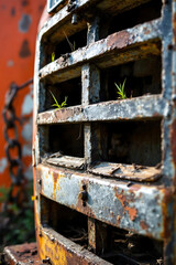 Rusty Metal Grid with Grass Growing Through Gaps