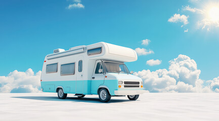 Naklejka premium Road Trip Dream: A pristine, stylish campervan basks in the sun under a bright, clear sky, with fluffy clouds hinting at an endless adventure. A symbol of freedom and the open road.