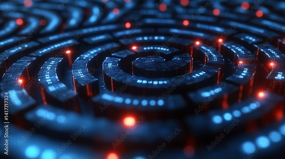 Poster white gold and silver digital maze with interconnected circuit patterns evokes a deep tech aesthetic