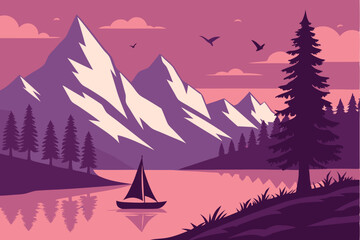 60 Serene night landscape, moonlit lake, lone acacia tree, distant mountain, calm waters, reflective moonlight, stylized illustration, vibrant colors, teal sky, wispy clouds, peaceful atmosphere, mini