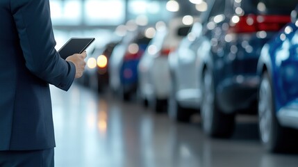 A person holds a tablet while observing a lineup of cars in a modern showroom, emphasizing technology in the automotive industry.
