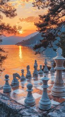 Sunset strategic game: Chessboard by the tranquil lake with warm sunlight reflection