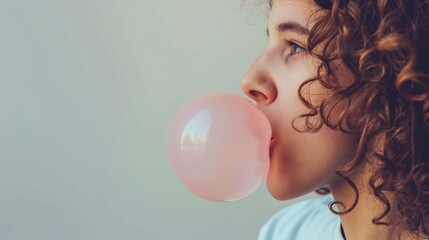 An young woman chewing bubblegum, blowing a bubble against a light gray background
