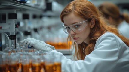 Young female scientist in a laboratory analyzing samples with orange liquid, focused on research