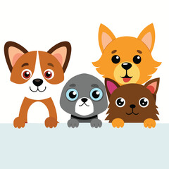 Four adorable pets, two cats and two dogs, peek over a white ledge with curious expressions.