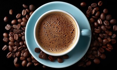 Fototapeta premium Aromatic coffee in cup surrounded by scattered beans for breakfast or break