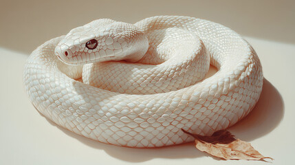 Fototapeta premium Elegant white snake coiled on a light surface with a dry leaf nearby in a serene setting white, snake, serpent, nature, wildlife, coiled, smooth, surface, light, dry, leaf, elegant, s