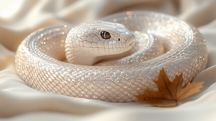 Fototapeta premium Unique white snake rests peacefully on soft fabric with autumn leaf , white, snake, glossy, scales, soft, fabric, autumn, leaf, tranquil, setting, wildlife, reptile,