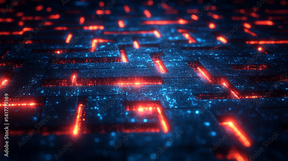 Poster white gold and silver digital maze with interconnected circuit patterns evokes a deep tech aesthetic