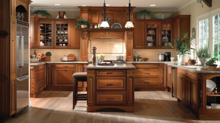 Rendered classic American-style kitchen with detailed wood cabinets, island counter, and kitchen tools