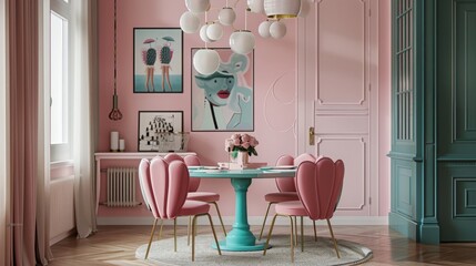 Retro-inspired dining area with pastel pink walls, scalloped pink chairs, turquoise table base, and framed posters