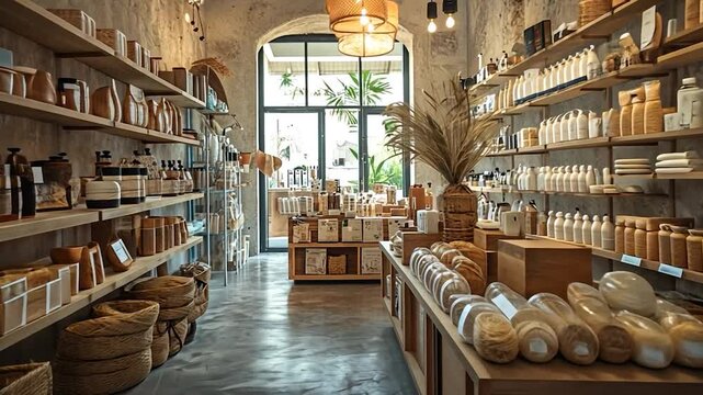 Cozy natural beauty store interior showcasing organic products and decor