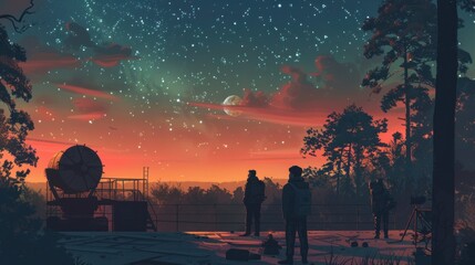 Night at the Observatory: Astronomers working late at an observatory, gazing at the stars, a sense of wonder and exploration of the cosmos