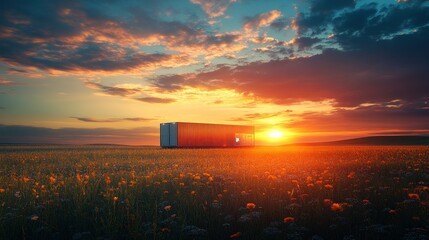 Sunset over field with semi-truck