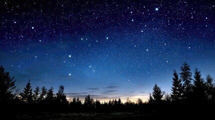 Stars glow over trees in the night sky, useful for astronomy or nature concepts