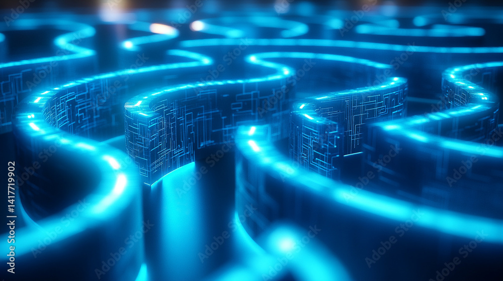 Poster white gold and silver digital maze with interconnected circuit patterns evokes a deep tech aesthetic