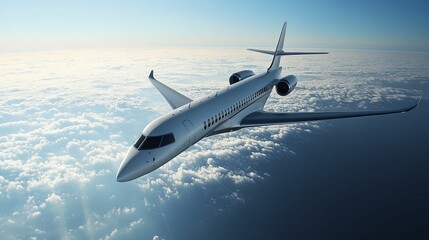 Fototapeta premium Modern jetliner soars through a fluffy cloud layer.