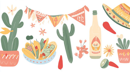 Cinco de Mayo festive elements with cacti, sombrero, and food illustrations