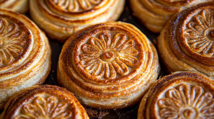 freshly baked goods displaying intricate floral patterns on the surface. The golden-brown pastries highlight detailed craftsmanship