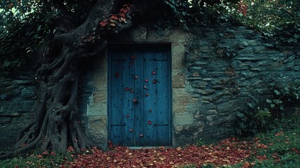 A blue door with fallen leaves and vines piques curiosity in autumn