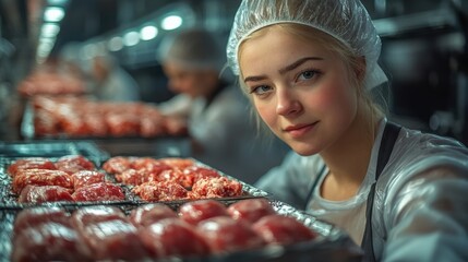 Young woman in a meat processing facility, handling trays of fresh meat with workers in the background