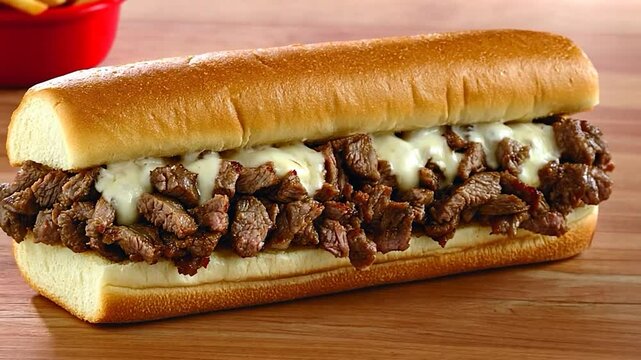 Gourmet Steak Sub on Wooden Surface