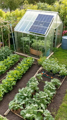 Garden with small greenhouse and vegetable beds, aerial view, sustainable gardening