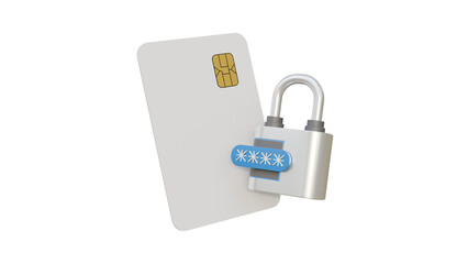 The concept of protecting finances and secure transactions, credit card and password. Blank card with padlock and password on isolated background. Secure payment by credit card.