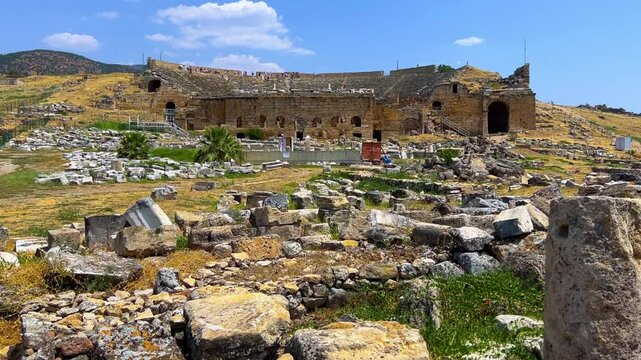 HIERAPOLIS in Denizli, TURKEY, August 13, 2024: The ancient city of Hierapolis near Pamukkale, against the backdrop of nature and mountains. The Phrygian period.UNESCO.4K